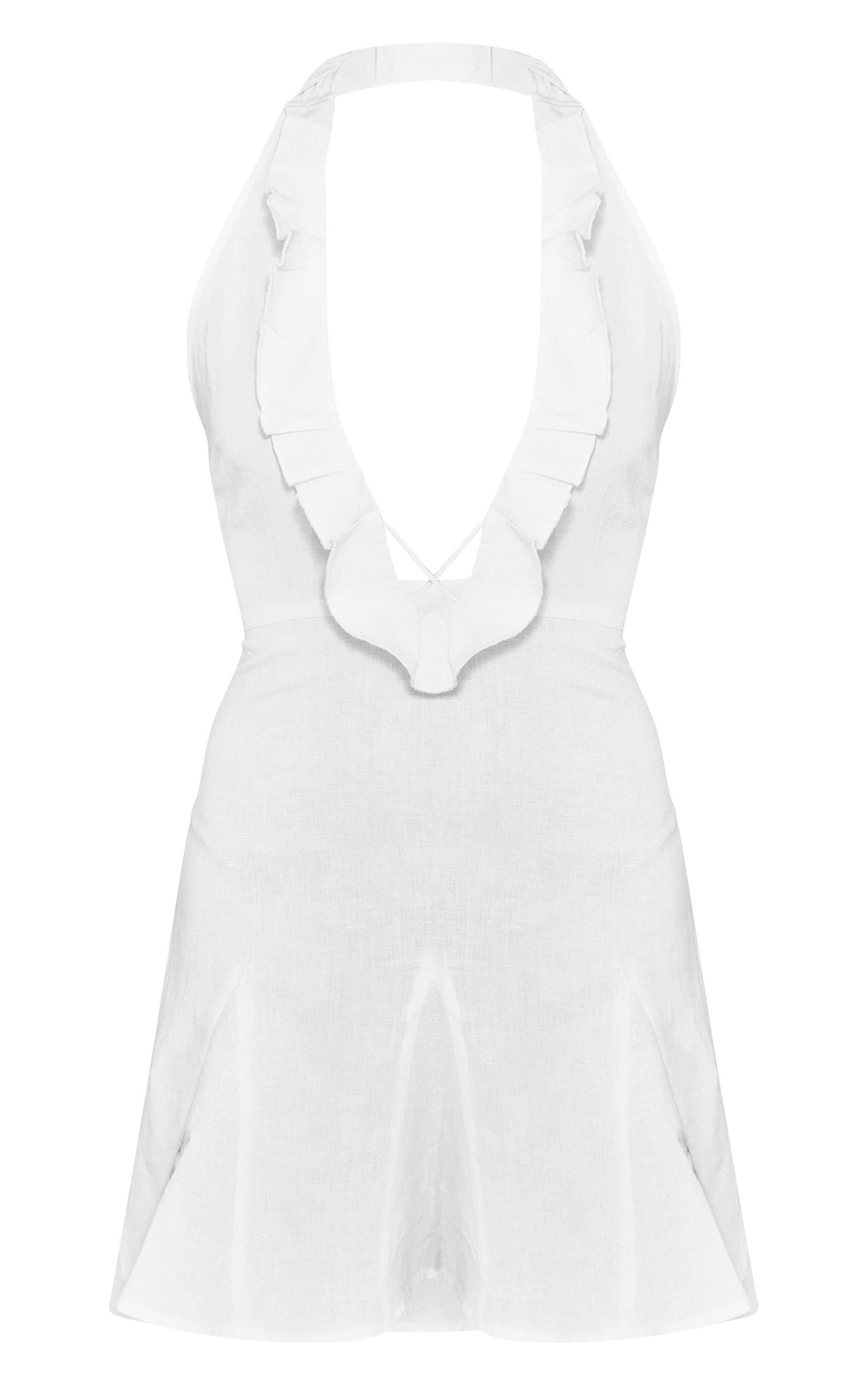 White Linen Frill Neck Cross Front Mini Dress Product Image