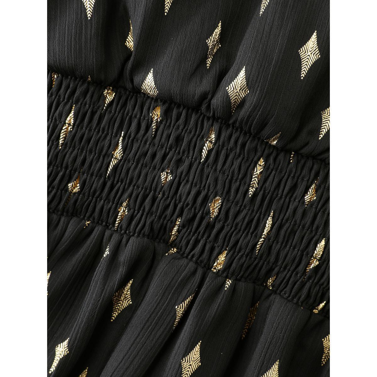 Plus Size Black Chiffon Gold Stamp Shirred Waist Blouse Women Formal Extra Long Sleeve Overlap Collar Party Blouses BloomChic 22-24/3X Product Image