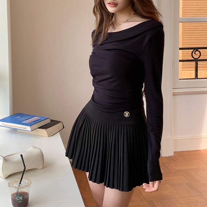 High Waist Plain Pleated Mini A-Line Skirt Product Image