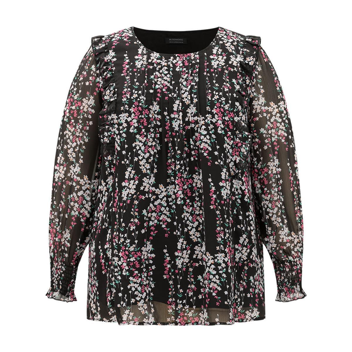 Plus Size Black Ditsy Floral Chiffon Ruffles Shirred Pleated Mesh Blouse Women Elegant Long Sleeve Round Neck Dailywear Blouses BloomChic 14-16/1X Product Image