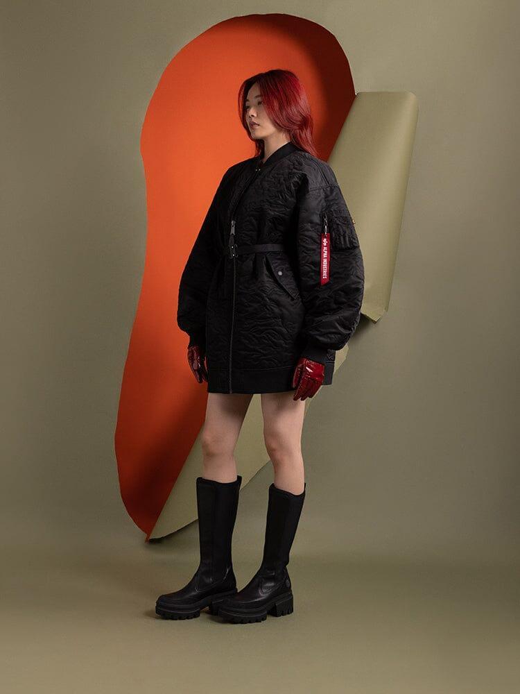 WOMEN'S CAMO QUILTED BELTED MA-1 BOMBER JACKET - BLACK / S Product Image