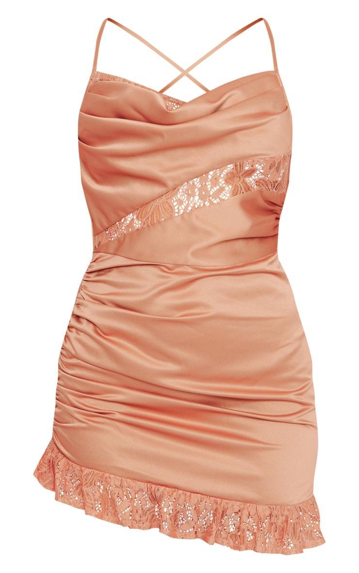 Clay Satin Cowl Lace Insert Frill Hem Bodycon Dress Product Image