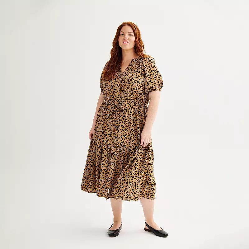 Plus Size Sonoma Goods For Life® Puff Sleeve V-Neck Tiered Midi Dress, Women's, Size: 1XL, Animal Print Product Image