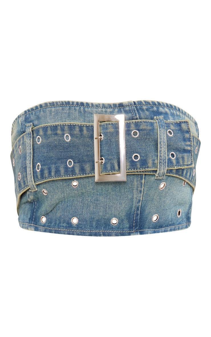 Vintage Wash Green Tint Belt Detail Denim Bandeau Crop Top Product Image