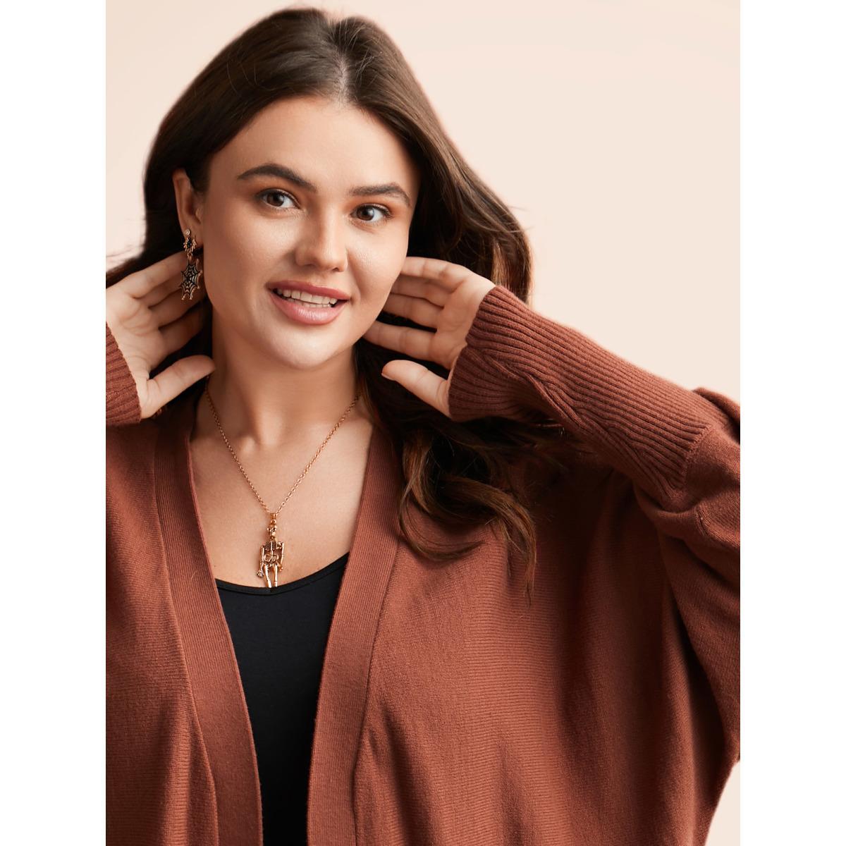 Plus Size Cat Printed Pockets Arc Hem Cardigan Browncoffeecolor Women Playful Loose Long Sleeve Casual Cardigans BloomChic 30/6X Product Image