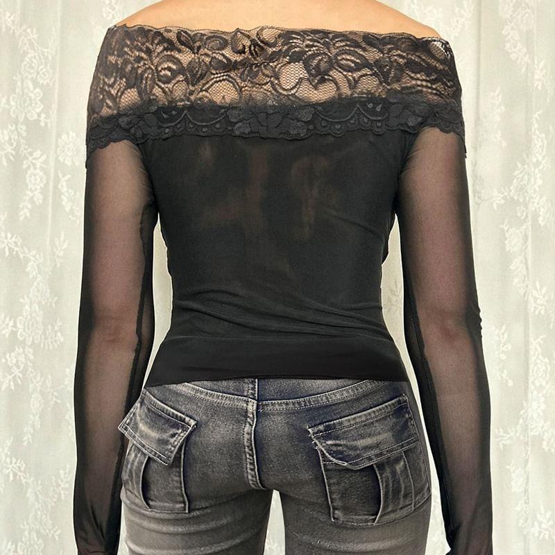 Long Sleeve Off-Shoulder Lace Panel Mesh See-Through Slim-Fit Top Product Image