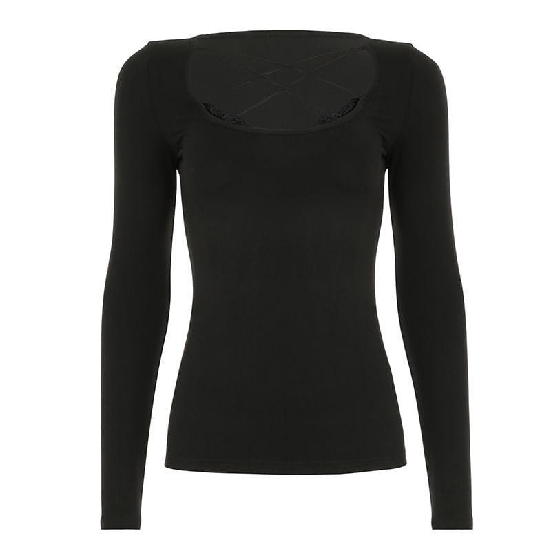 Long Sleeve Cross-Strap Plain Slim-Fit Crop Top Product Image