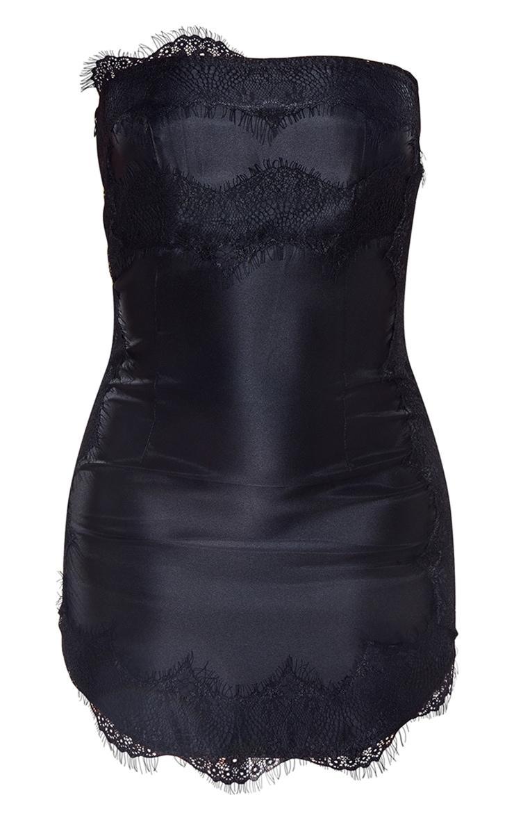 Black Lace Trim Satin Tailored Bandeau Bodycon Dress Product Image