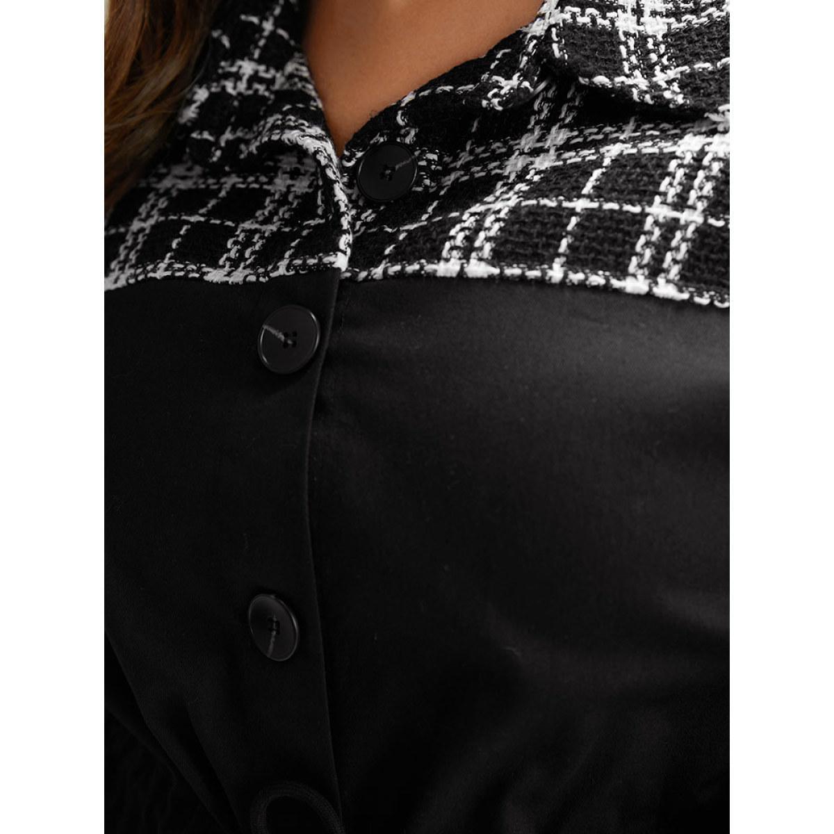 Plus Size Plaid Patchwork Contrast Drawstring Button Up Jacket Women Black Elastic cuffs Pocket Dailywear Jackets BloomChic 18-20/2X Product Image