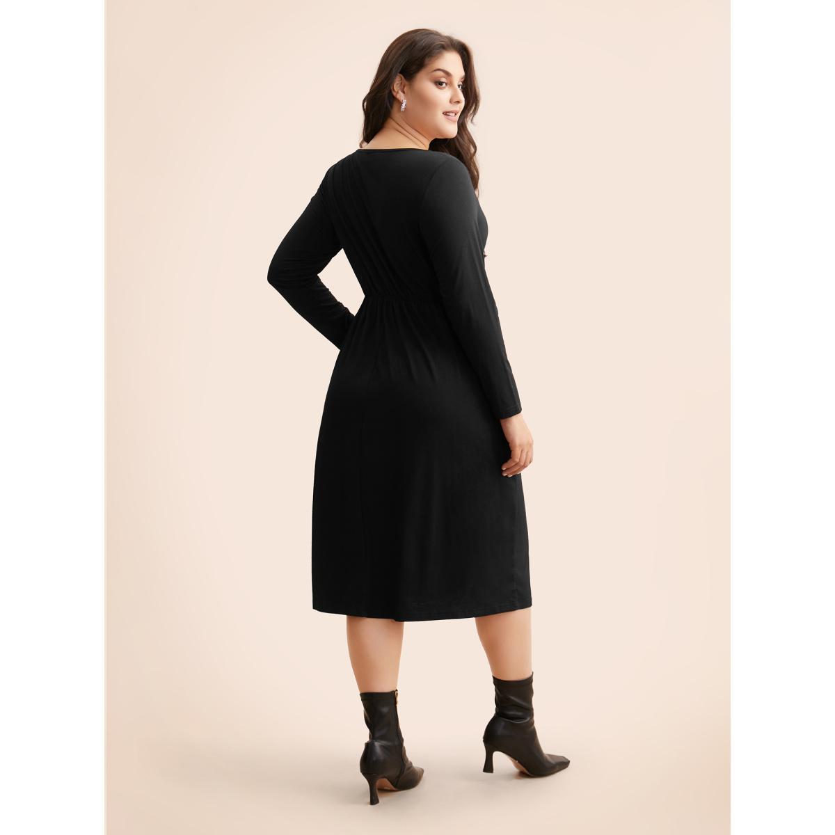 Plus Size Round Neck Bowknot Rhinestone Dress Black Women Playful Rhinestone detailing Round Neck Long Sleeve Curvy BloomChic 30/6X Product Image