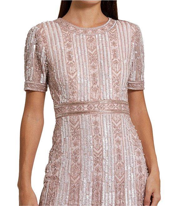 Mac Duggal Short Sleeve Sequined Beaded Sheath Midi Dress Product Image