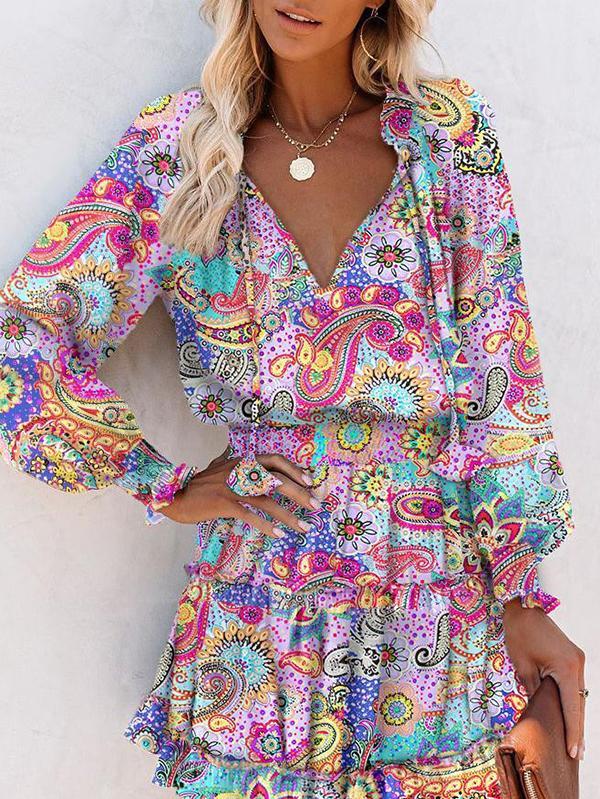 A-Line Long Sleeves Contrast Color Flower Print Pleated Split-Joint Tied V-Neck Mini Dresses Product Image