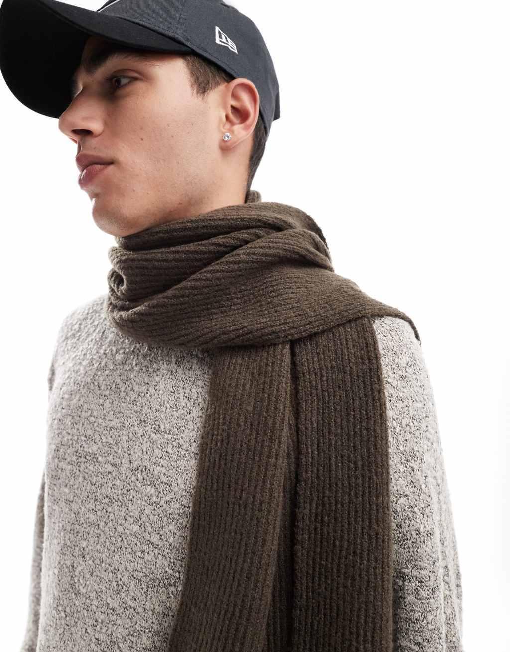 ASOS DESIGN knit scarf with stitch detail in brown Product Image