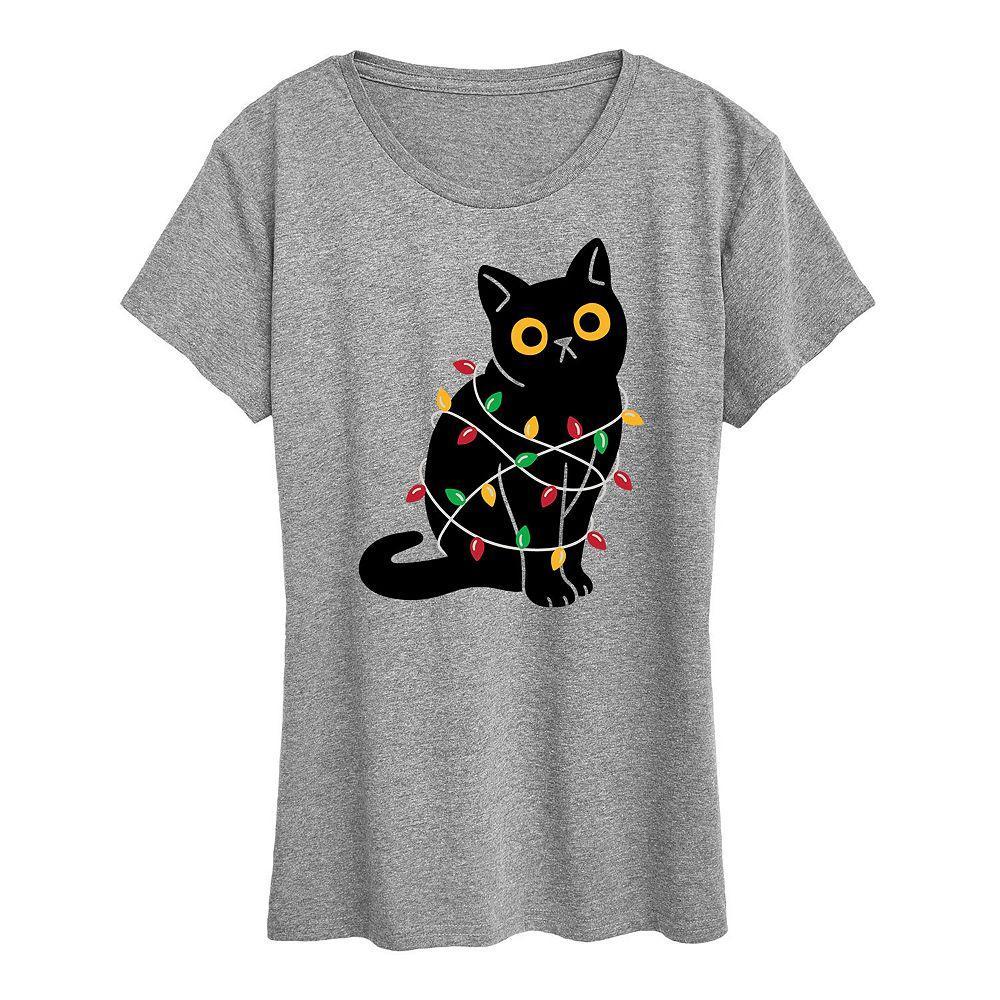 Plus Cat Wrapped In Christmas Lights Graphic Tee, Women's, Size: 4XL, Gray Product Image