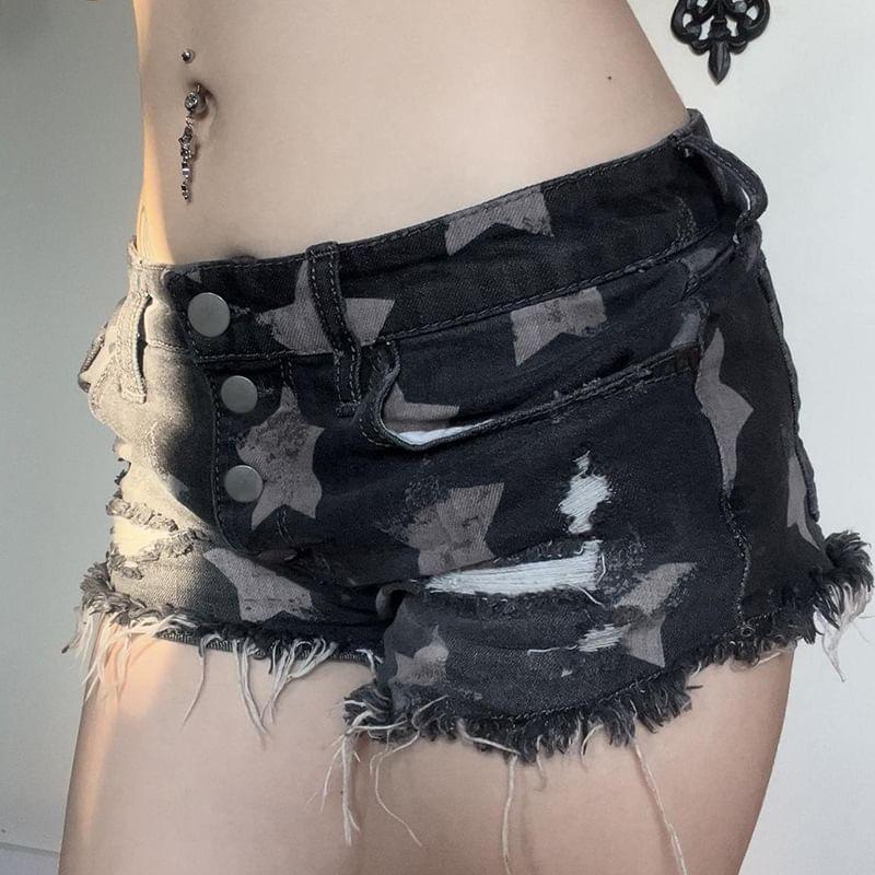 Low Waist Star Print Denim Hot Pants Product Image