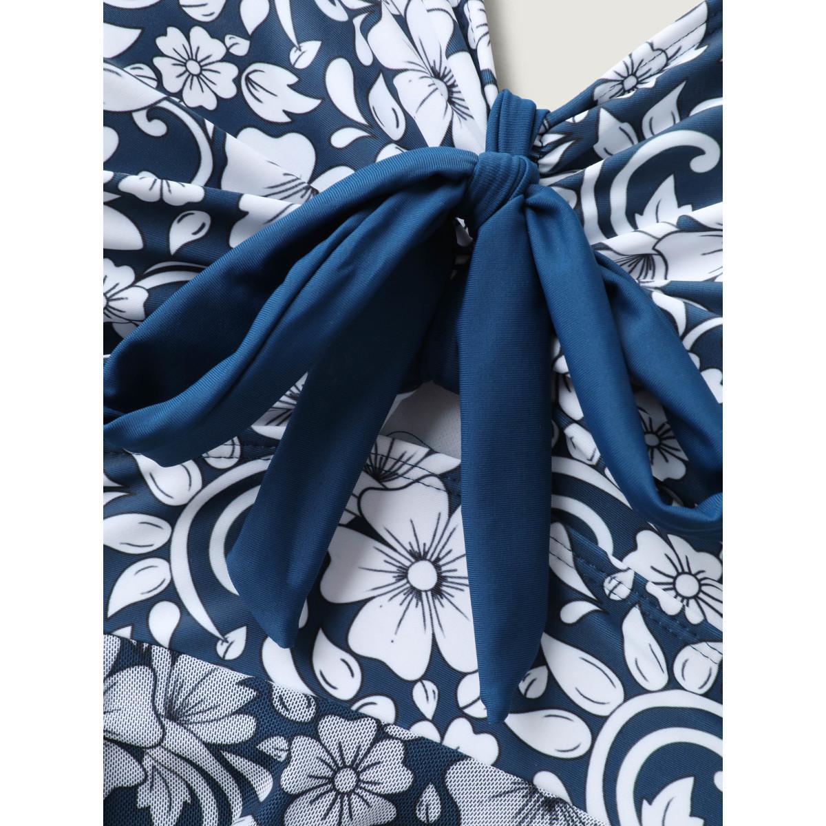 Plus Size Floral Handkerchief Hem Flowy Swim Dress Women's Swimwear Aegean Resort Bodycon V-neck High stretch Curve Swim Dresses BloomChic 14-16/1X Product Image