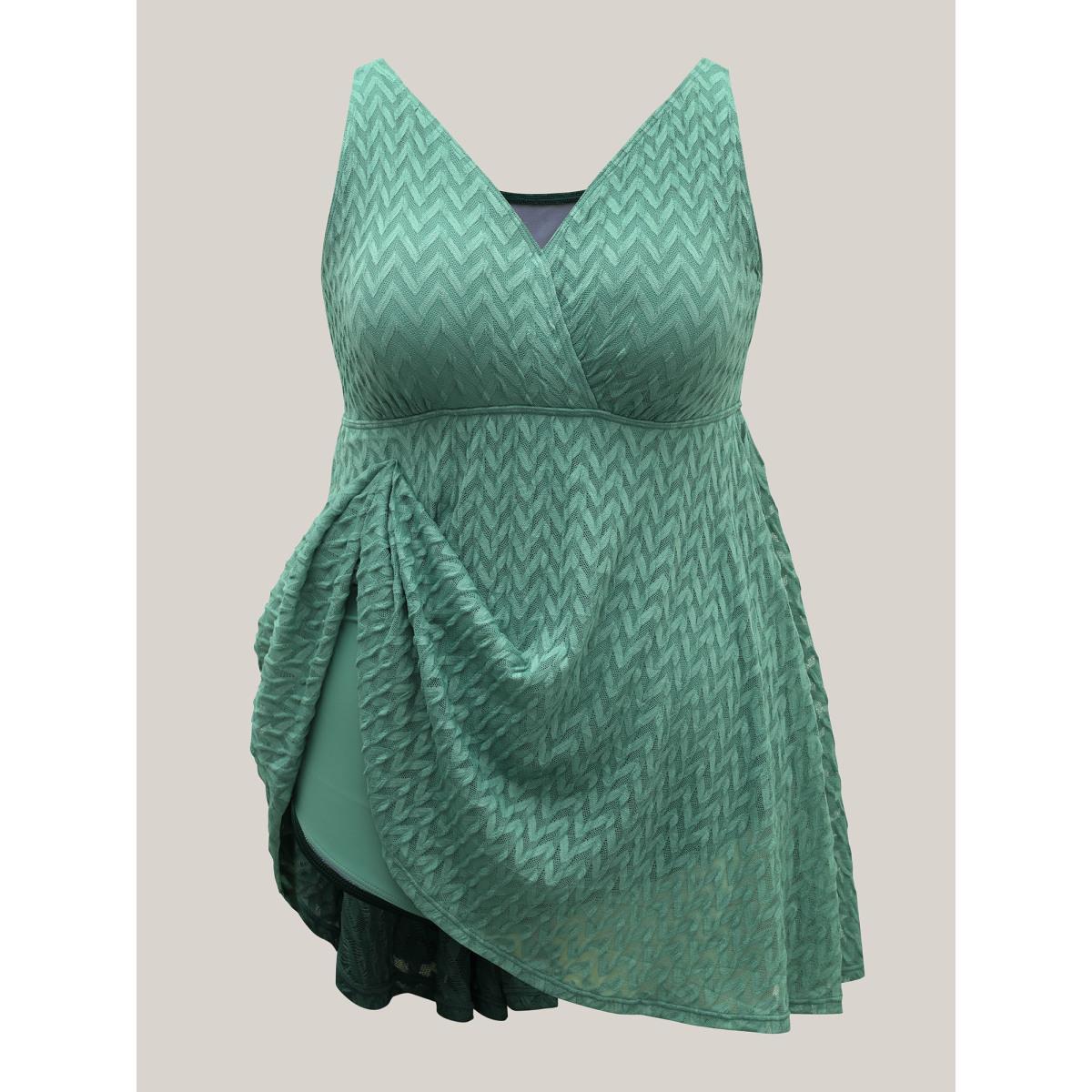 Plus Size Wavy Textured Lace Swim Dress Women's Swimwear Greenbean Resort Bodycon Overlap Collar High stretch Curve Swim Dresses BloomChic 14-16/1X Product Image