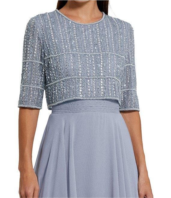 Mac Duggal Crew Neck Half Sleeve Beaded Bodice A-Line Gown Product Image