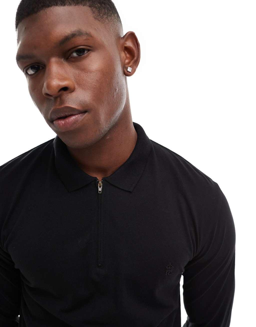 French Connection zip polo shirt in black Product Image