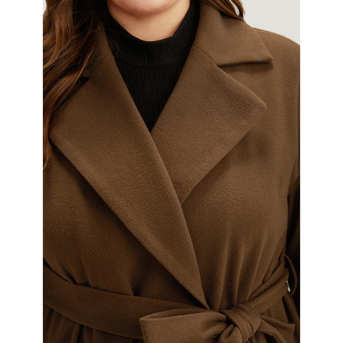 Plus Size Plain Lapel Collar Pocket Belted Coat Women DarkBrown Casual Plain Ladies Dailywear Winter Coats BloomChic 14-16/1X Product Image