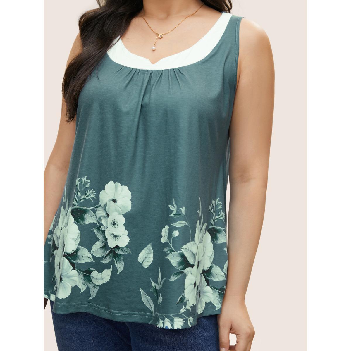 Plus Size Boho Print Contrast Notched Tank Top Women Green Elegant Gathered Notched collar Everyday Tank Tops Camis BloomChic 22-24/3X Product Image