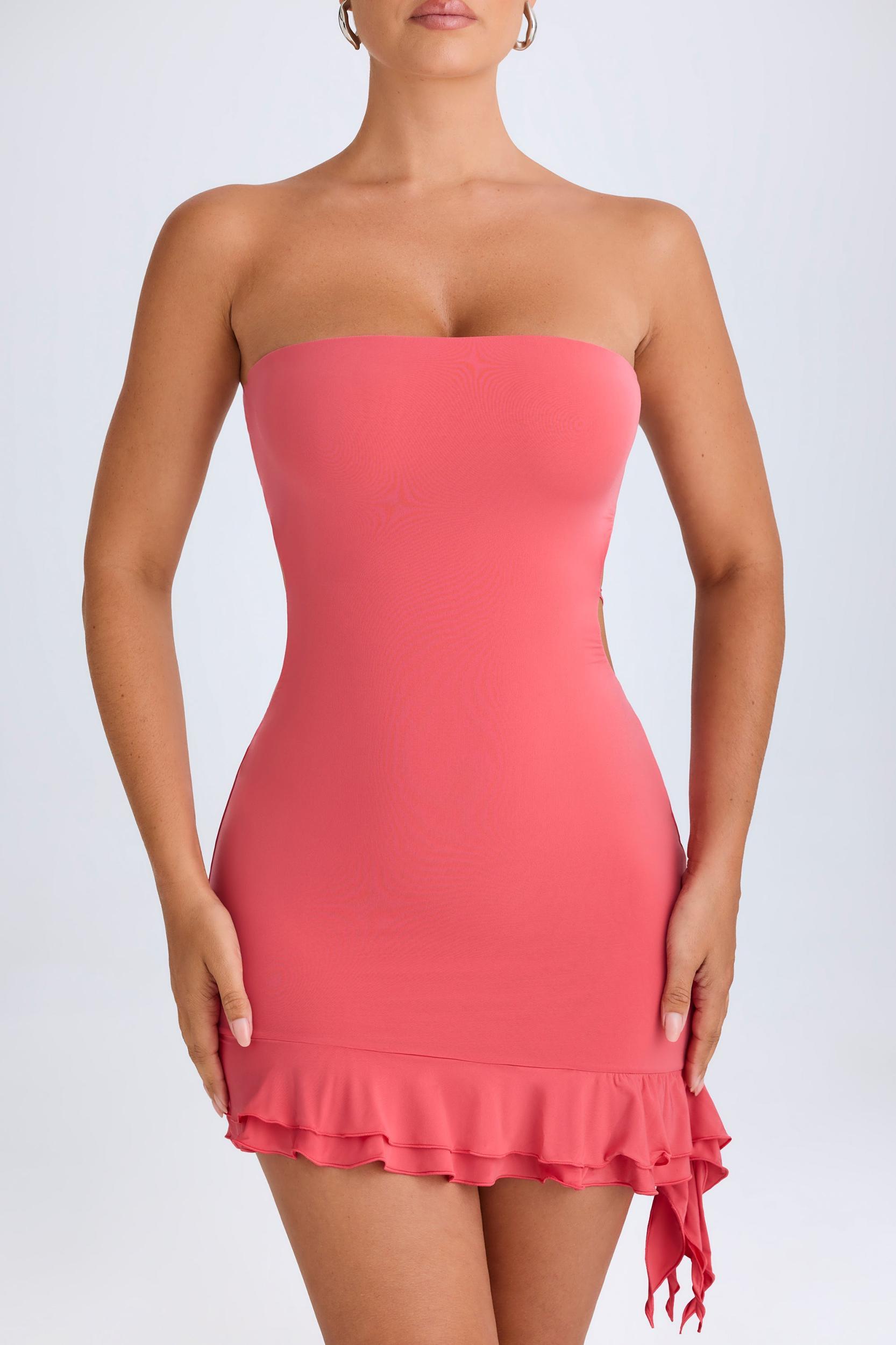 Ruffle-Trim Cut-Out Bandeau Mini Dress in Coral Product Image