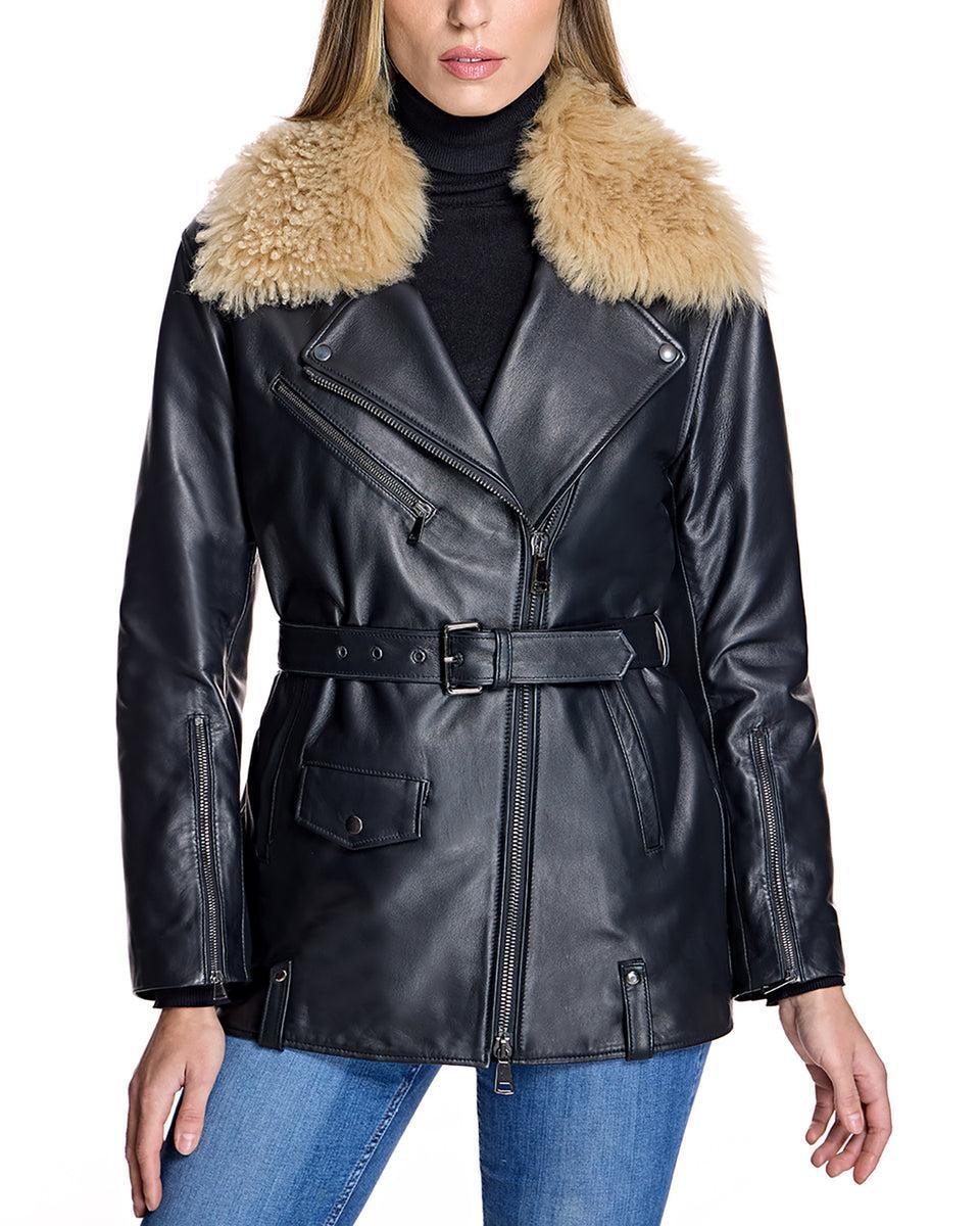 Leather Belted Moto Jacket with Detachable Lamb Collar-Maximilian Product Image