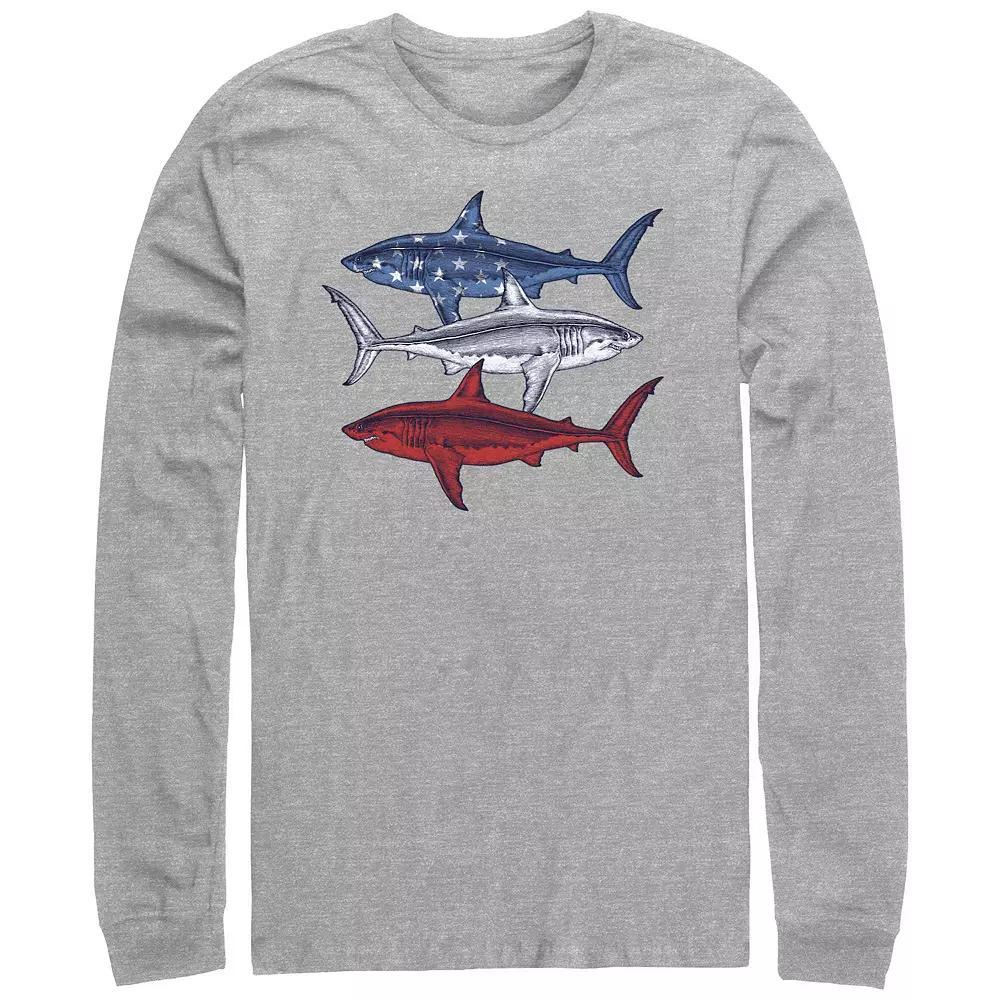 Men's Red White And Blue Sharks Long Sleeve Graphic Tee, Size: XL, Athletic Grey Product Image