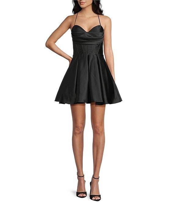 Blondie Nites Spaghetti Strap Sweetheart Drape Corset Satin Dress Product Image