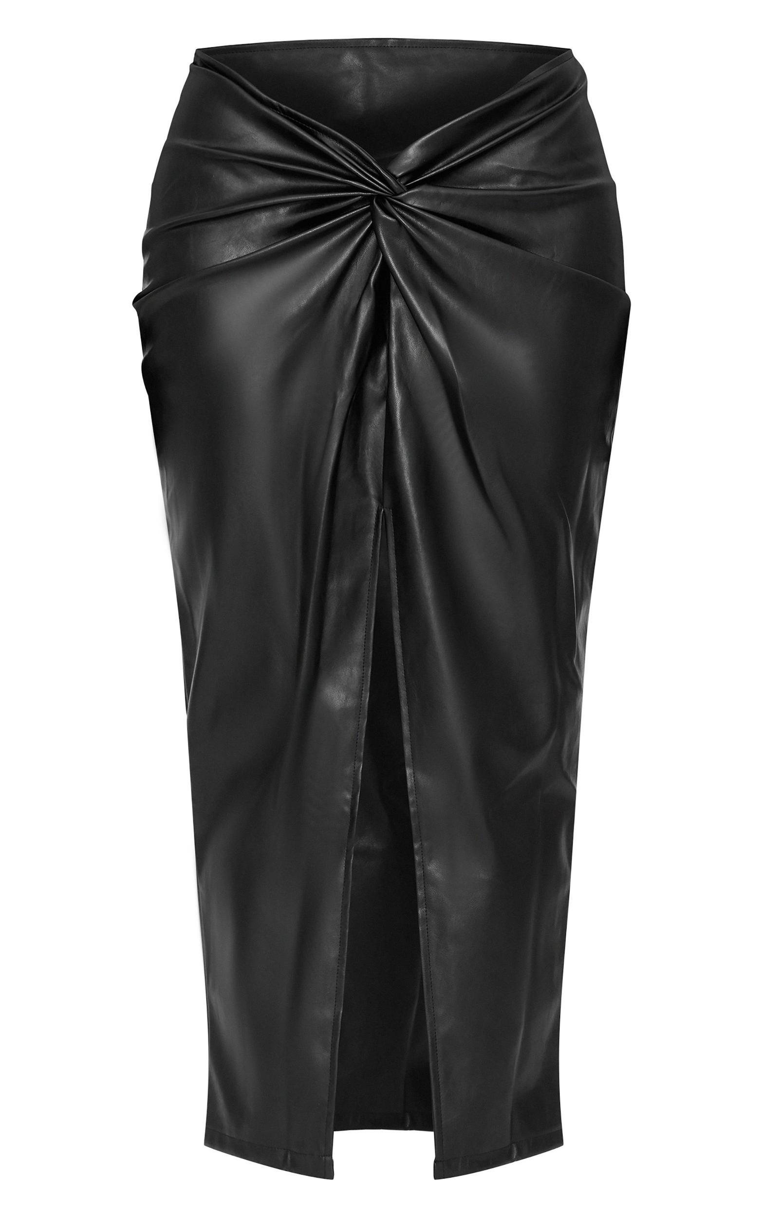 Black Faux Leather Twist Detail Front Midi Skirt Product Image
