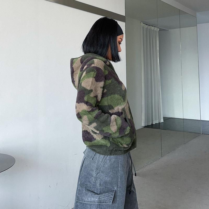 Camo Print Hooded Zip Cardigan Product Image