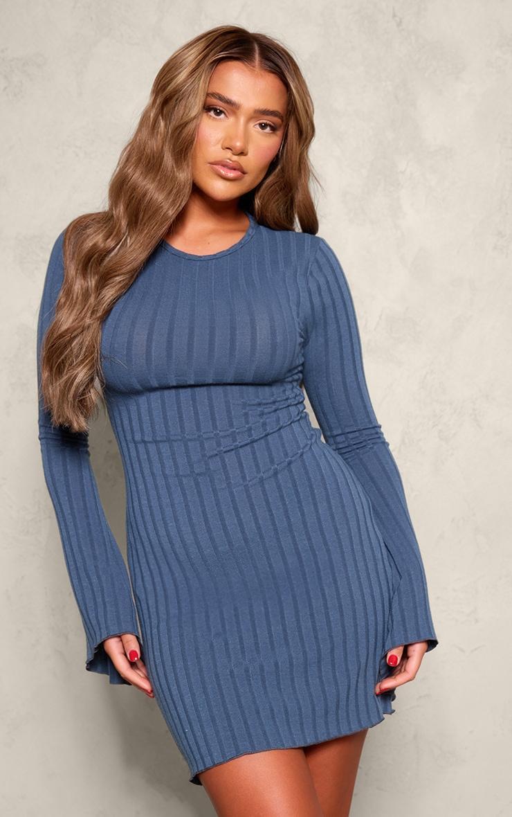 Dark Blue Wide Rib Flare Lettuce Hem Sleeve Bodycon Dress Product Image