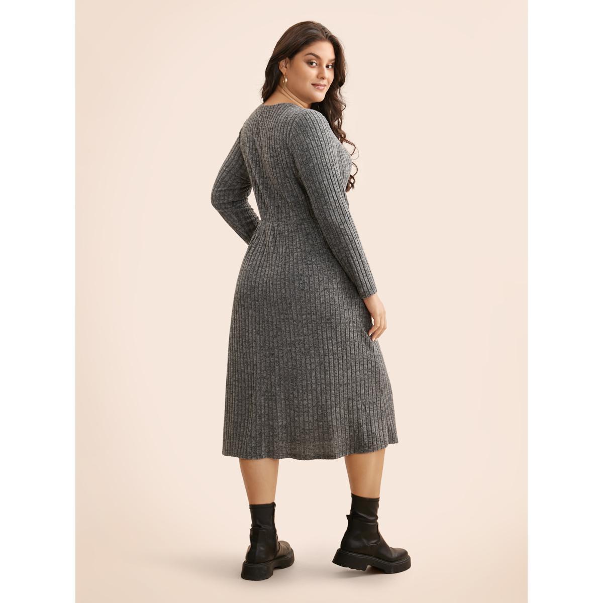 Plus Size Crew Neck Button Detail Slim Fit Dress DimGray Women Casual Texture Round Neck Long Sleeve Curvy BloomChic 30/6X Product Image