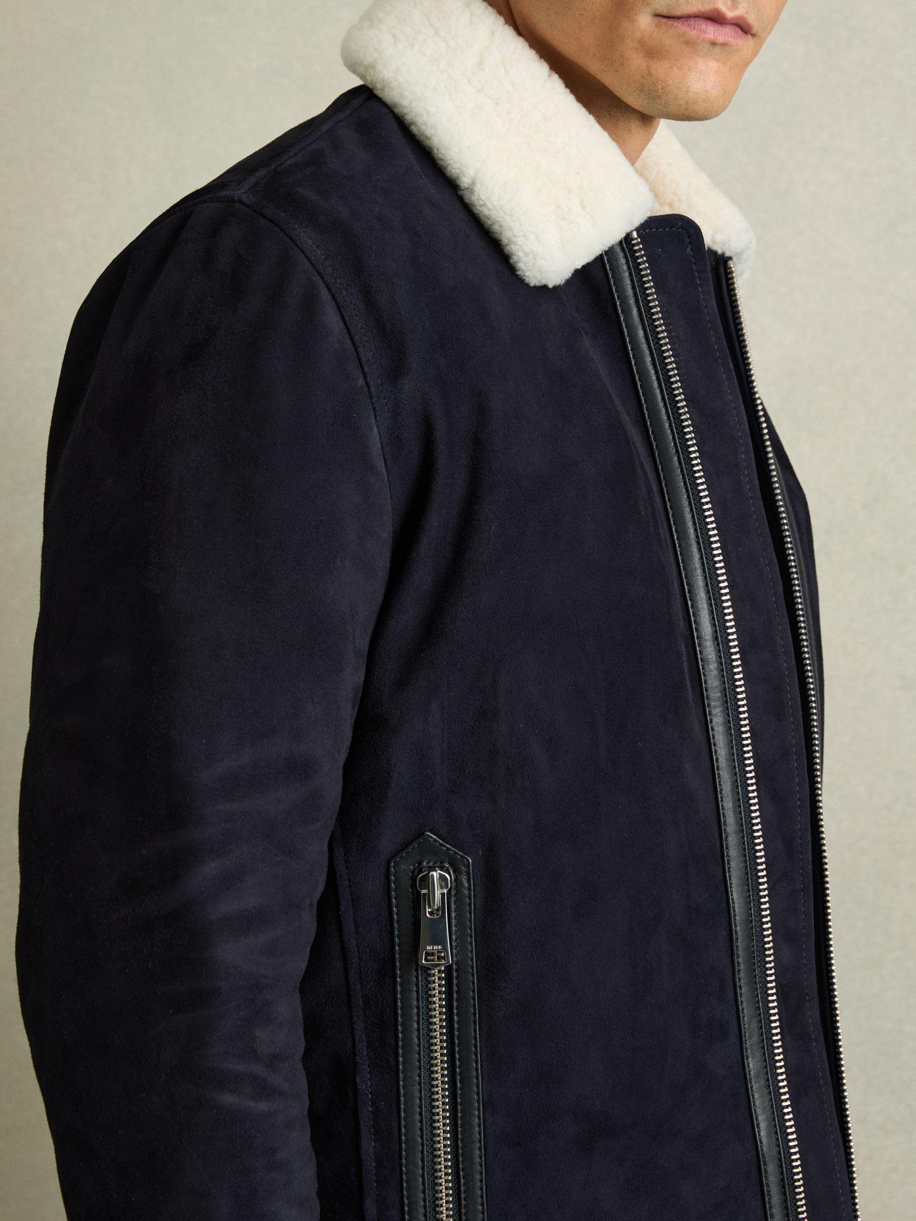 Suede Shearling-Collar Jacket in Navy Product Image