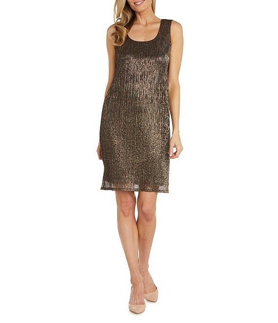 R & M Richards Scoop Neck 3/4 Sleeve Drape Front Metallic 2-Piece Jacket Dress Product Image