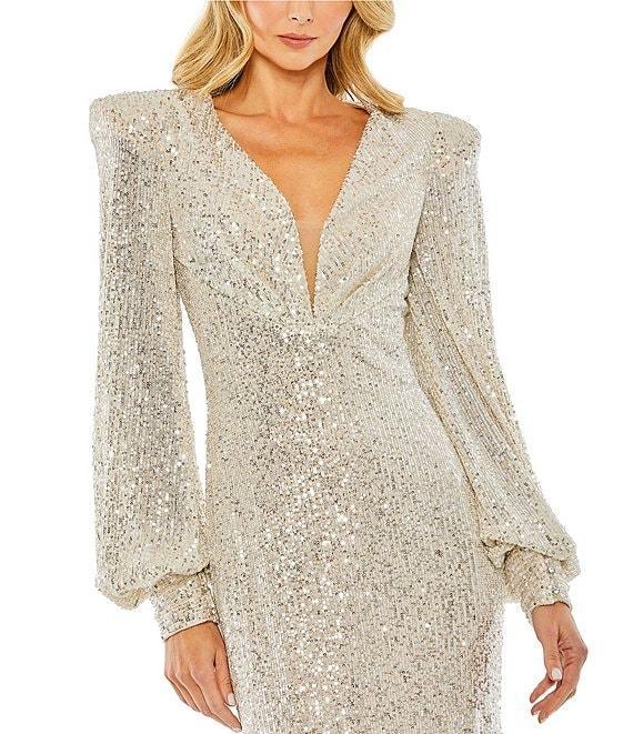 Mac Duggal Deep V-Neck Bishop Sleeve Sequined Gown Product Image