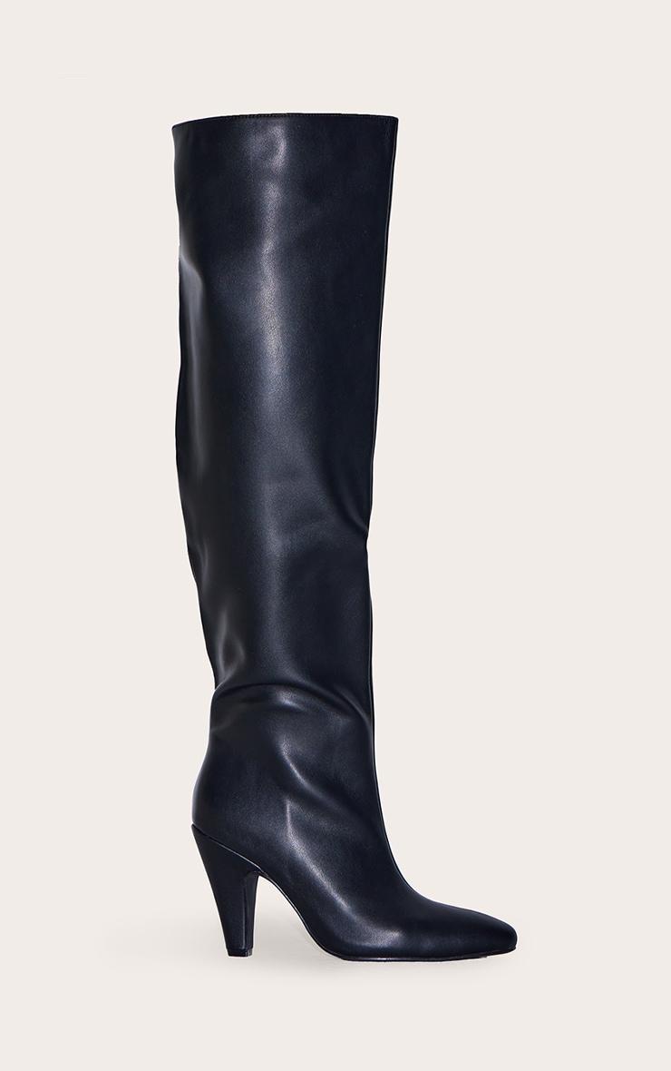 Black PU Point Toe Over The Knee Heeled Boot Product Image