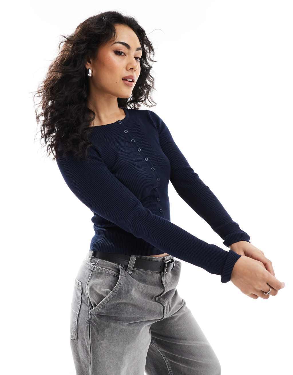 Stradivarius fitted ribbed cardigan in navy Product Image