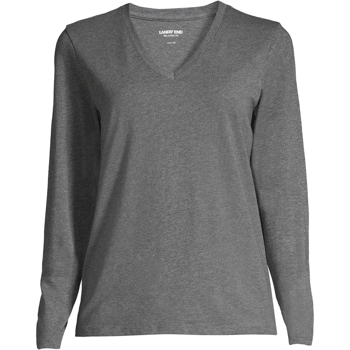 Women's Lands' End Relaxed-Fit Supima Long Sleeve Cotton V-Neck Tee, Size: XL, Grey Heather Product Image