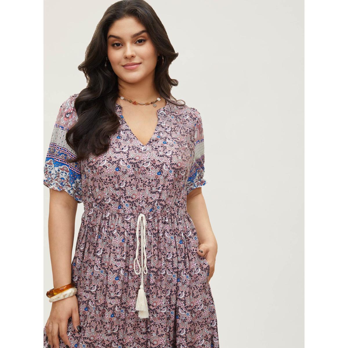 Plus Size Boho Print Notched Ties Tassel Trim Dress DustyPink Women Boho Non Flat collar with V-notch Short sleeve Curvy BloomChic 28/5X Product Image
