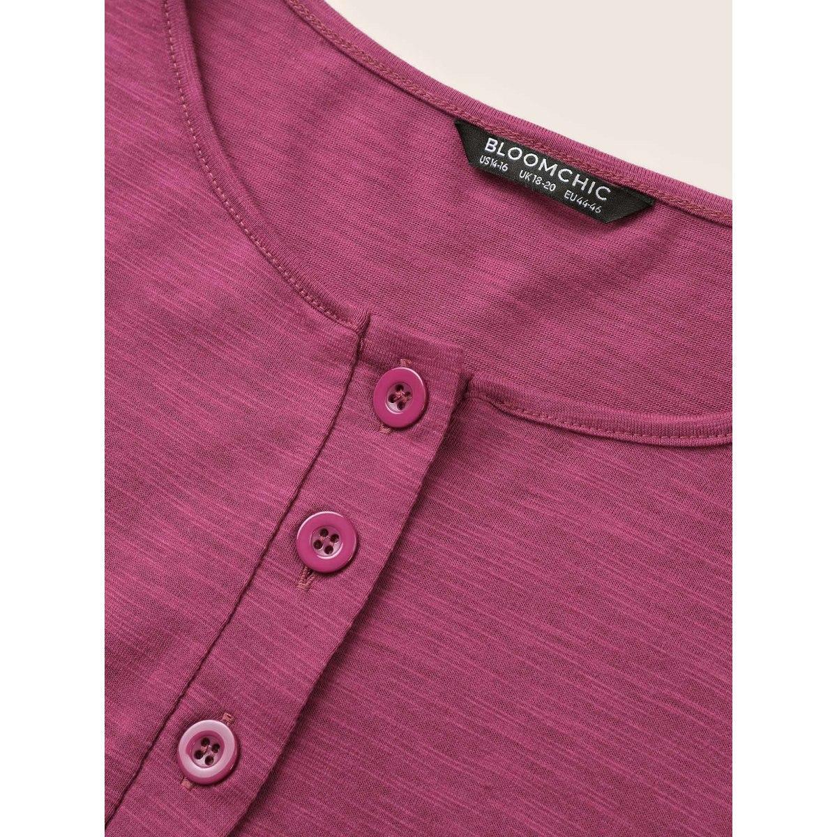 Plus Size Solid Heather Button Up T-shirt RedViolet Women Casual Non Plain Round Neck Everyday T-shirts BloomChic 14-16/1X Product Image