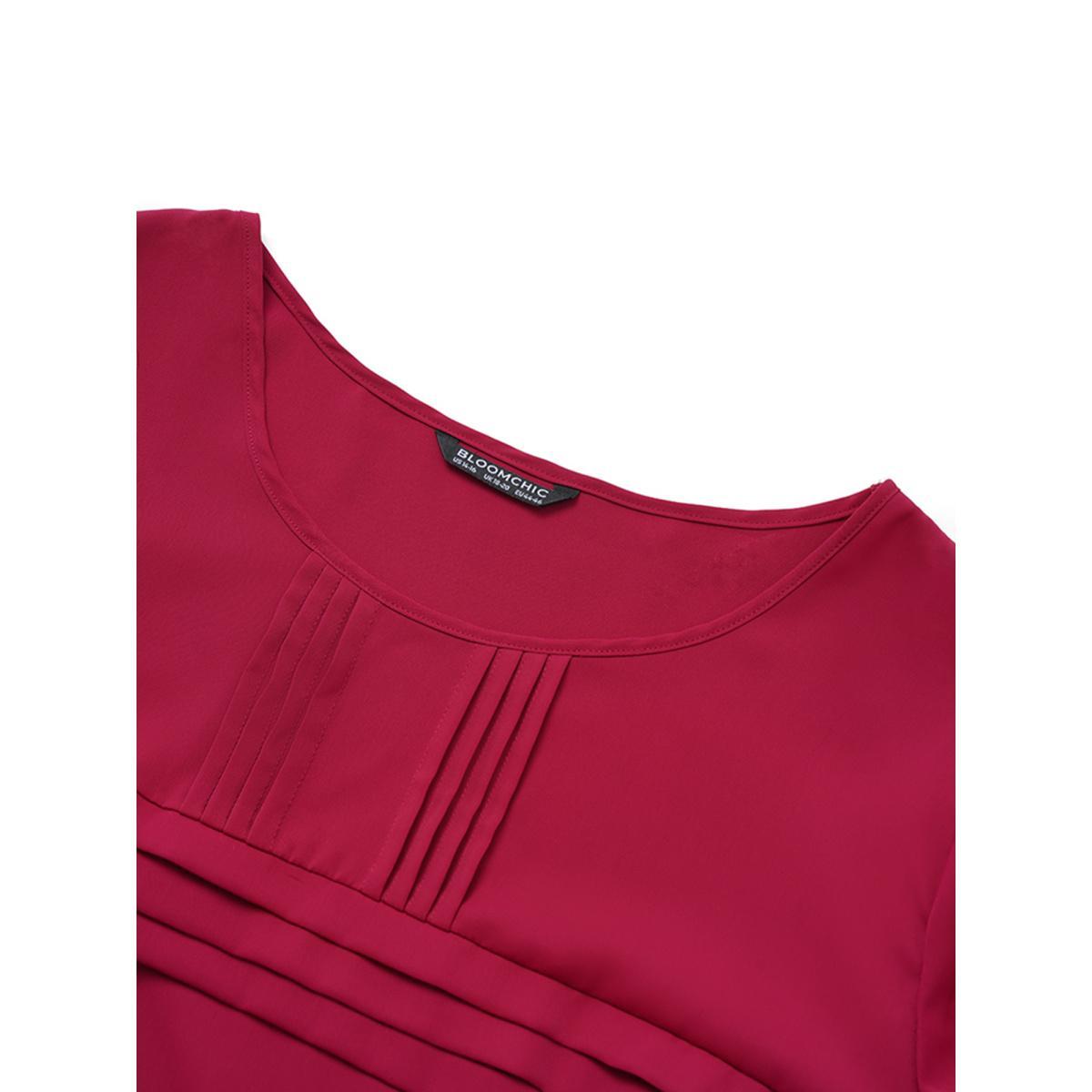 Plus Size RedViolet Solid Pleated Crew Neck Blouse Women Work From Home Short sleeve Round Neck Work Blouses BloomChic 14-16/1X Product Image