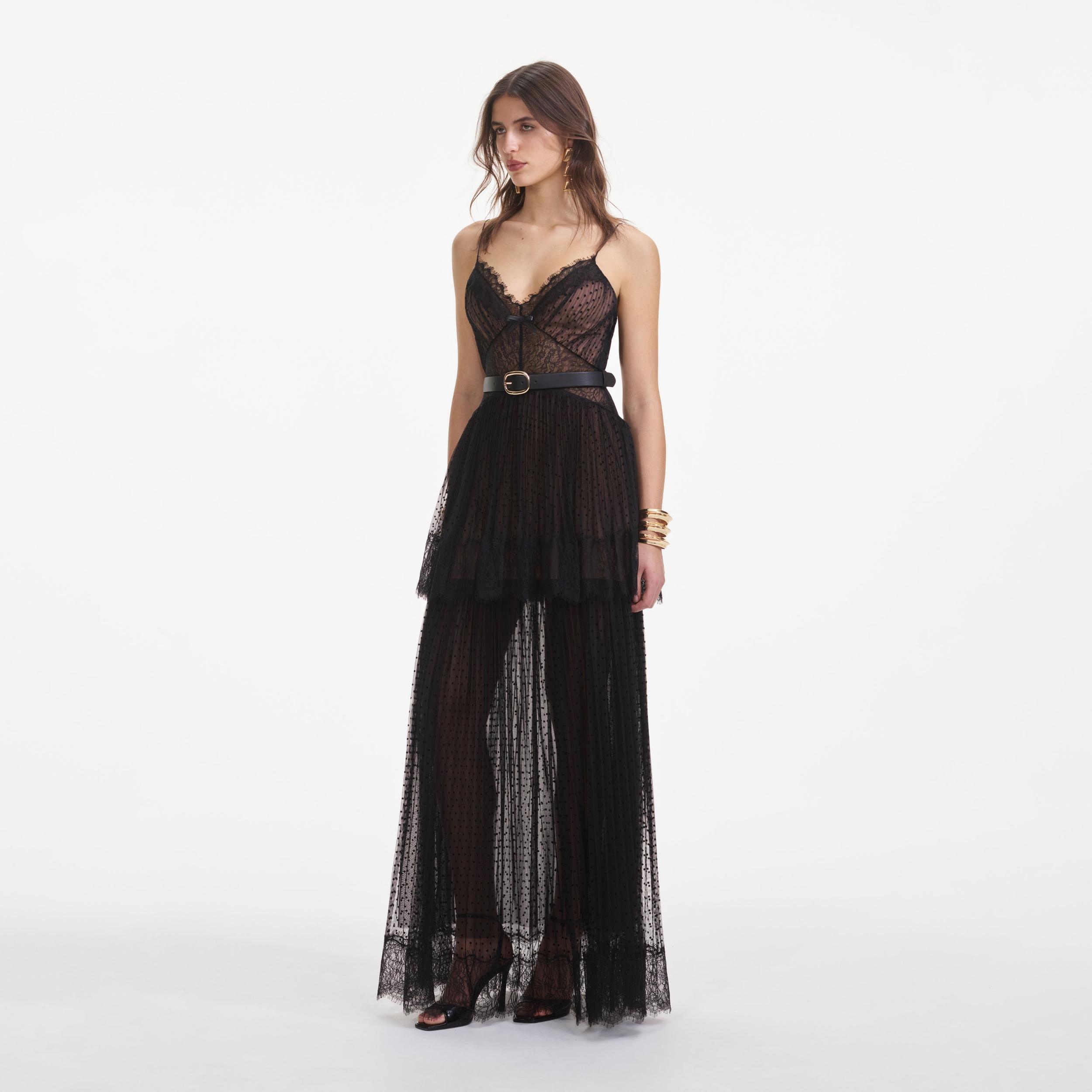 Black Dot Mesh Tiered Maxi Dress Product Image