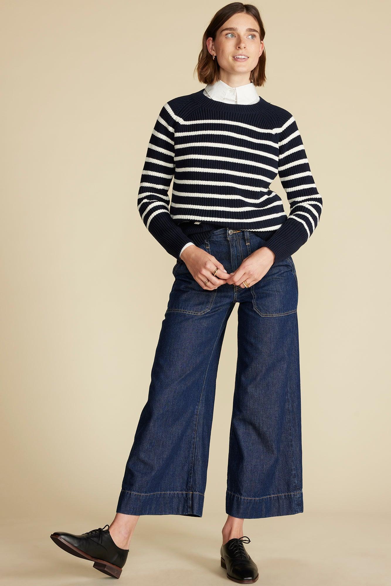 Layla Organic Cotton Sweater - Navy Blue and Ivory Stripe Product Image