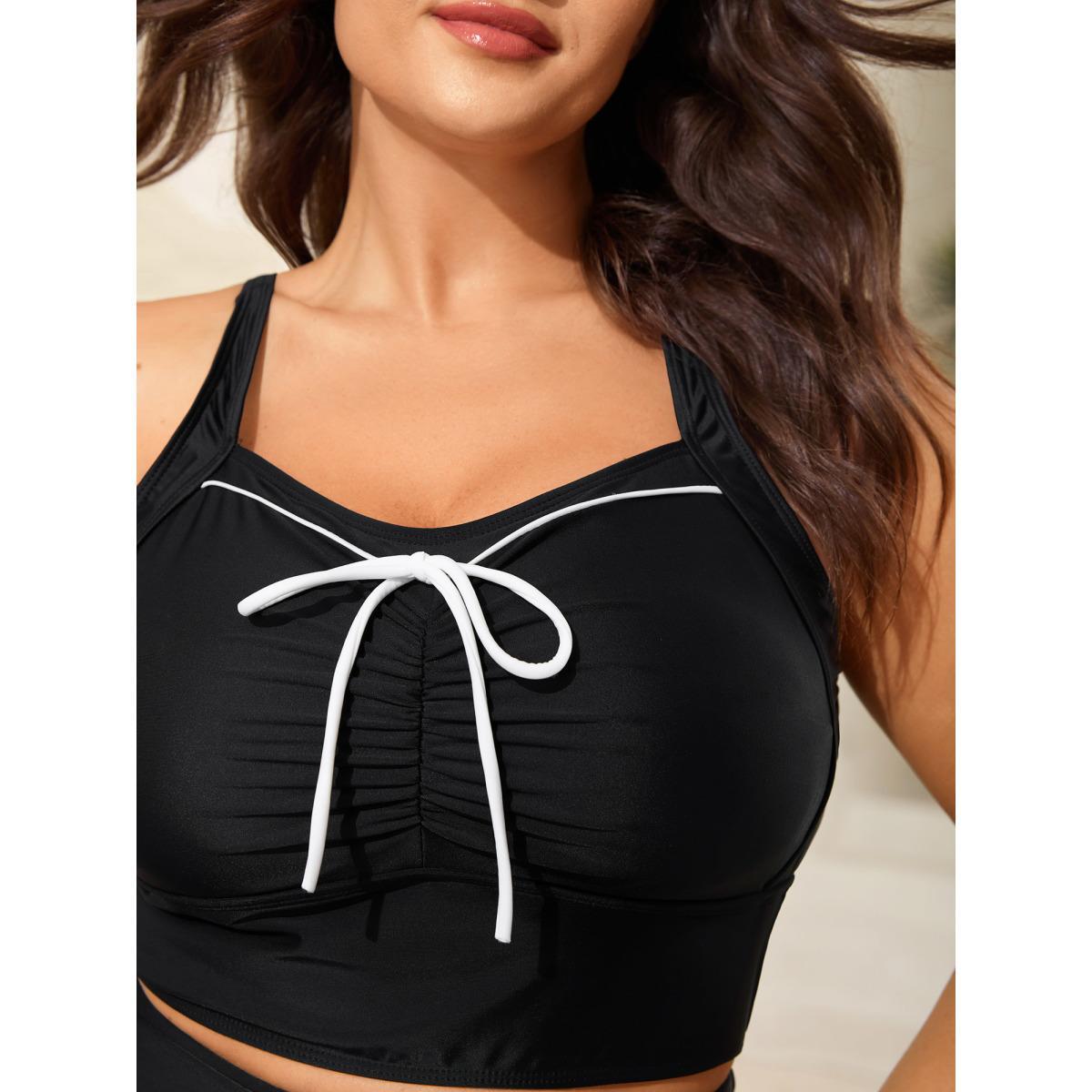 Plus Size Lace Bow-Tie Color Contrast Swim Top Women's Swimwear Black Beach High stretch Skinny Heart neckline Curve Swim Tops BloomChic 28/5X Product Image