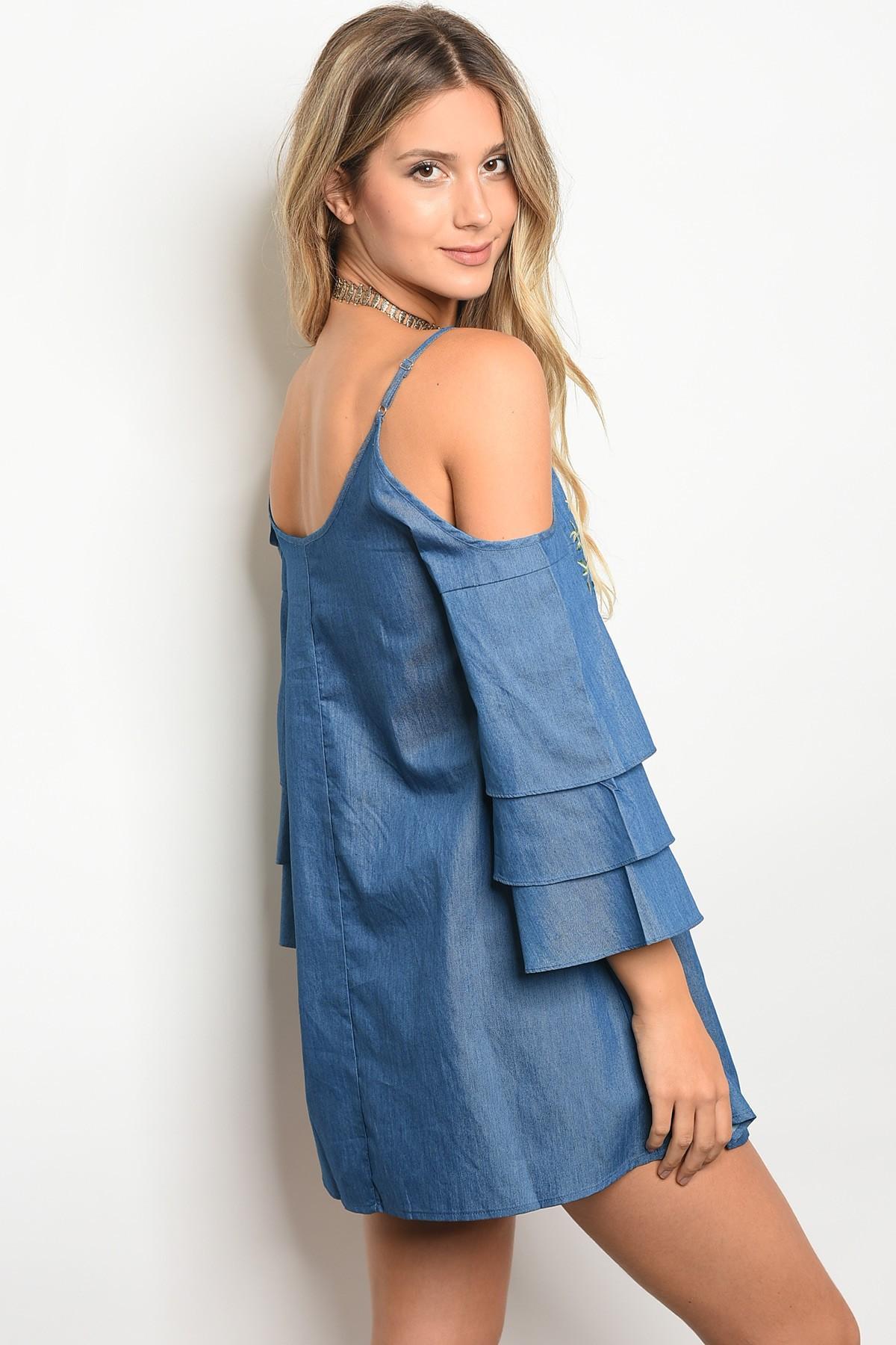 Chambray Embroidered Ruffles Dress Product Image