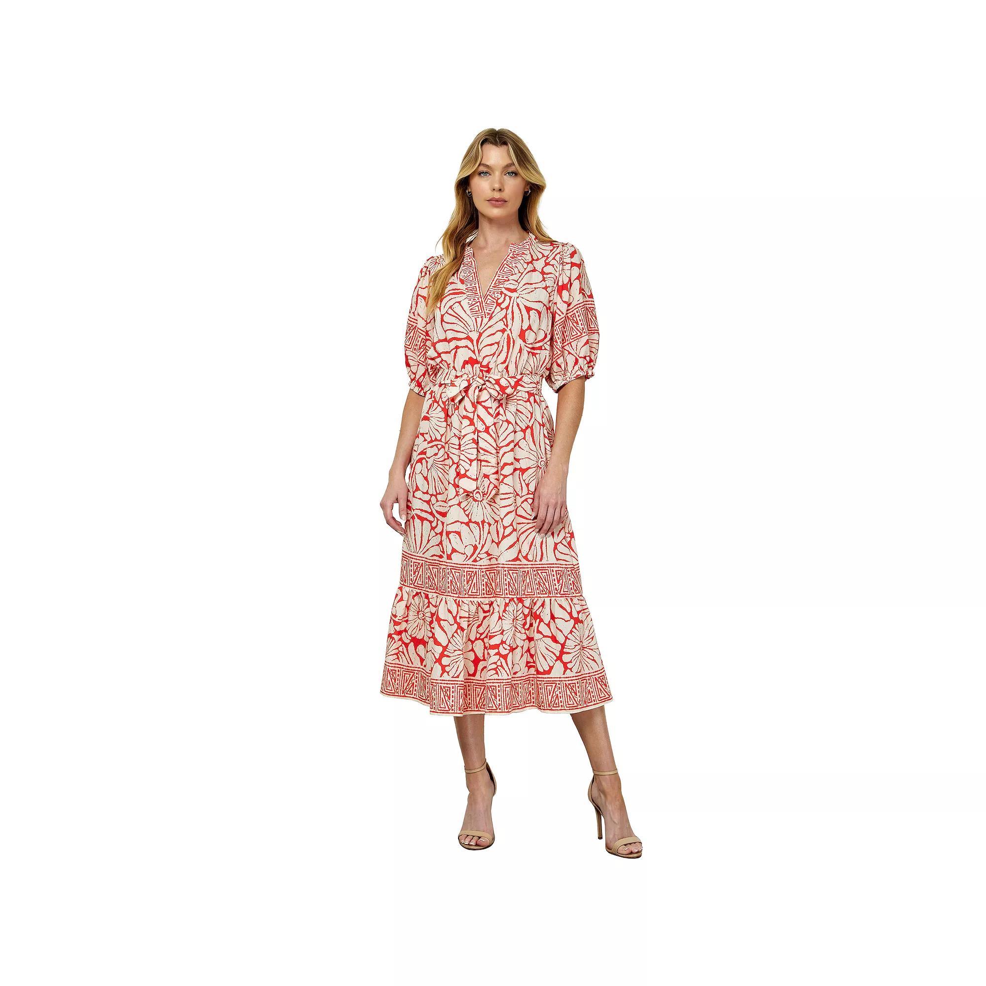 Women's Figueroa & Flower Printed Fit & Flare V-Neck Peasant Dress, Size: Medium, Ivory Orange Product Image