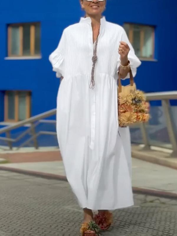 Half Sleeves Loose Buttoned Pleated Solid Color Tied Waist Stand Collar Maxi Dresses Product Image