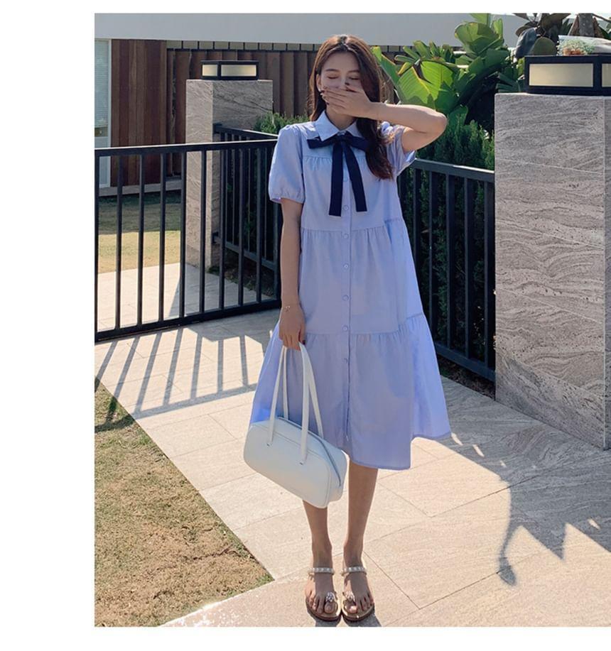 Maternity Short-Sleeve Collared Bow Tie A-Line Shirt Dress Product Image