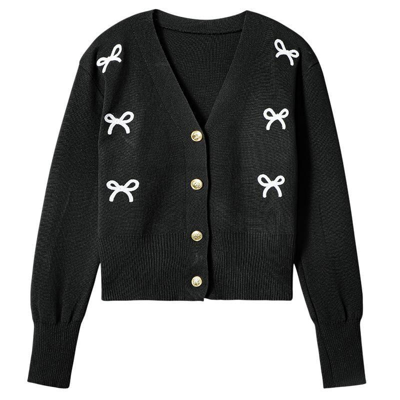 V-Neck Bow Jacquard Button-Up Cardigan Product Image